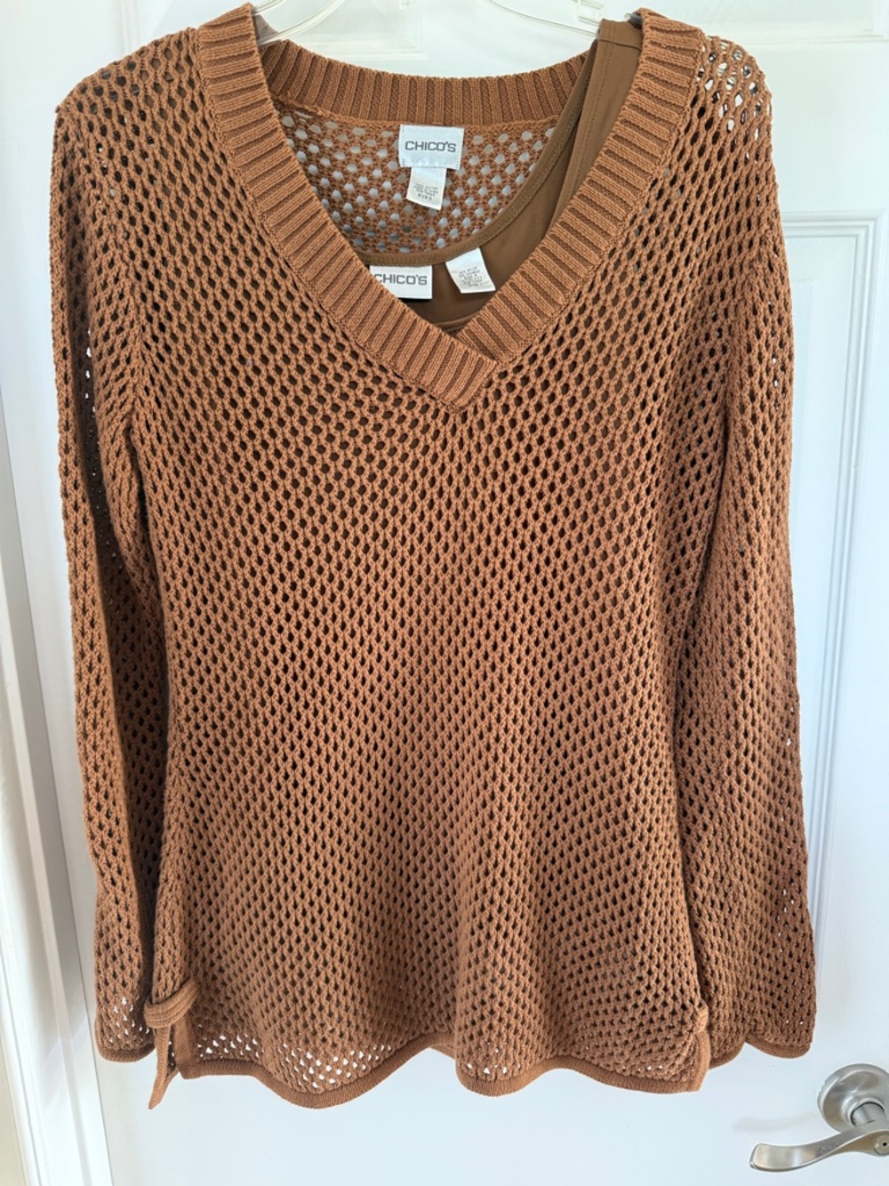 Chico's Open-Knit V-Neck Sweater with Matching Tank - Camel/Brown